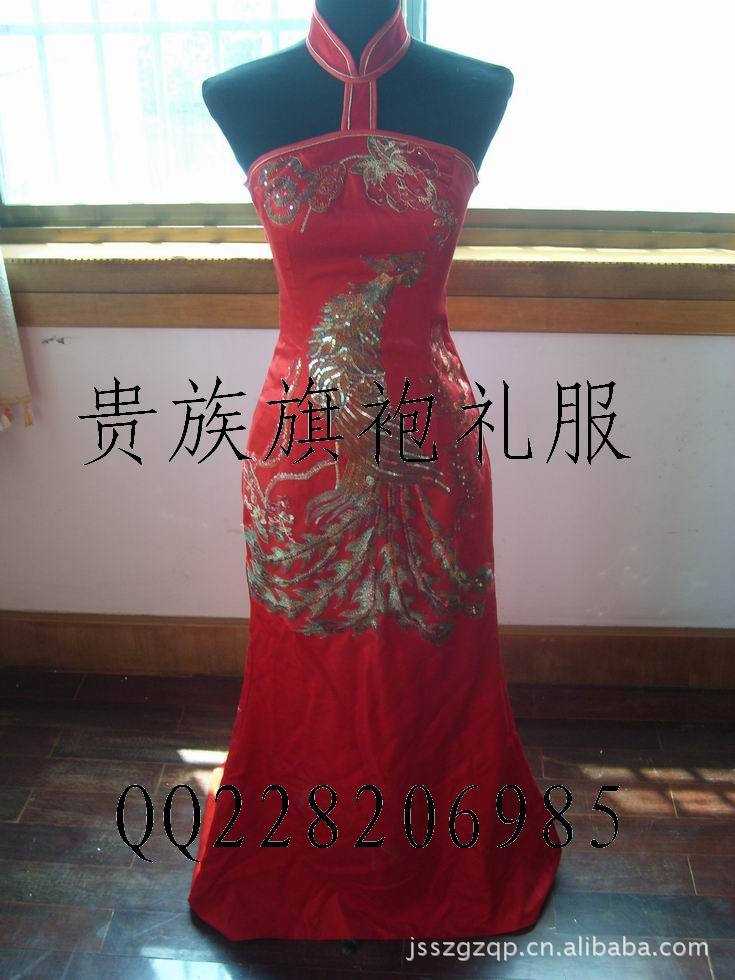 批发供应贵族旗袍礼服新款精品绣双凤拖尾新娘晚礼服