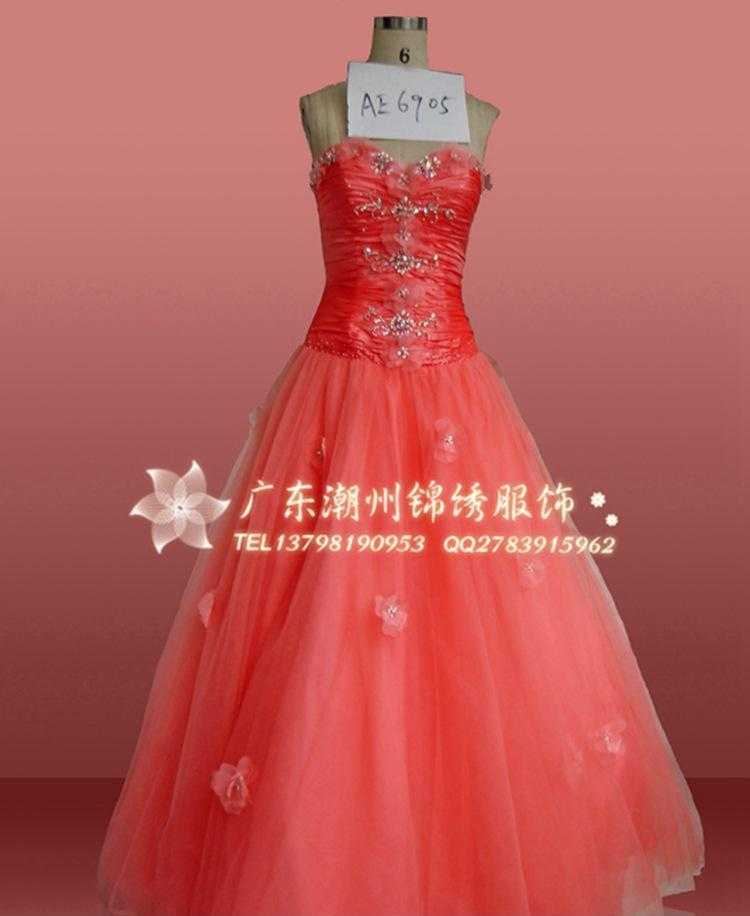 年新款手工定制潮州婚纱主打爆款抹胸橘红婚纱礼服ae6905