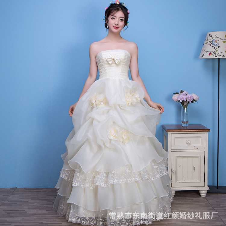 婚纱礼服定制 韩式抹胸蕾丝花朵新娘白色齐地婚纱