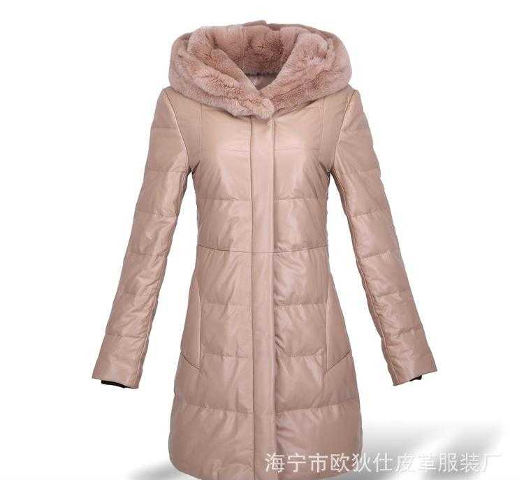 新款海宁羊皮羽绒服外套 女 中长款 简约大方獭兔连帽款1