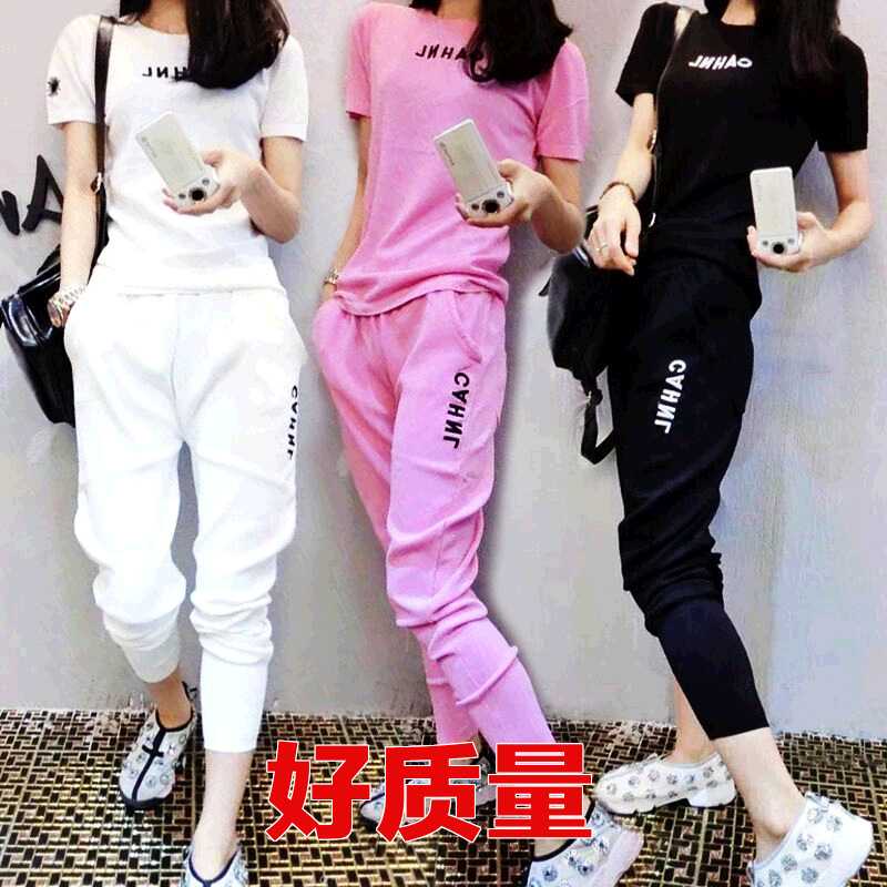 实拍夏季新款韩版大码时尚纯色短袖裤休闲运动套装女胖mm批发