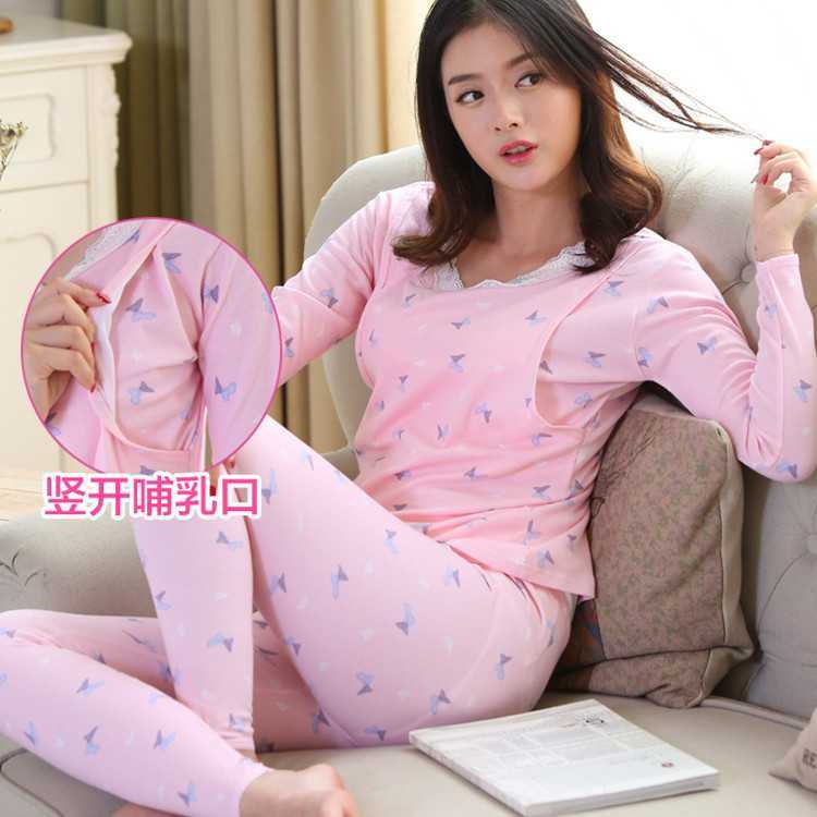 月子服纯棉睡衣春秋季长袖产后竖开口喂奶哺乳衣套装