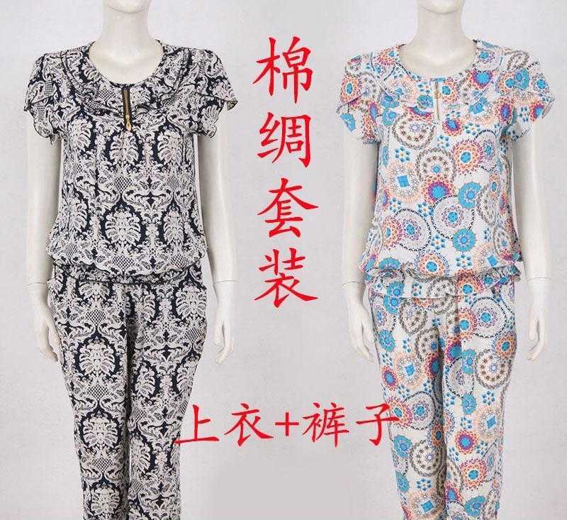 梦衣妈妈 夏装新款棉绸套装中老年女装妈妈装纯棉套服遮肚腩